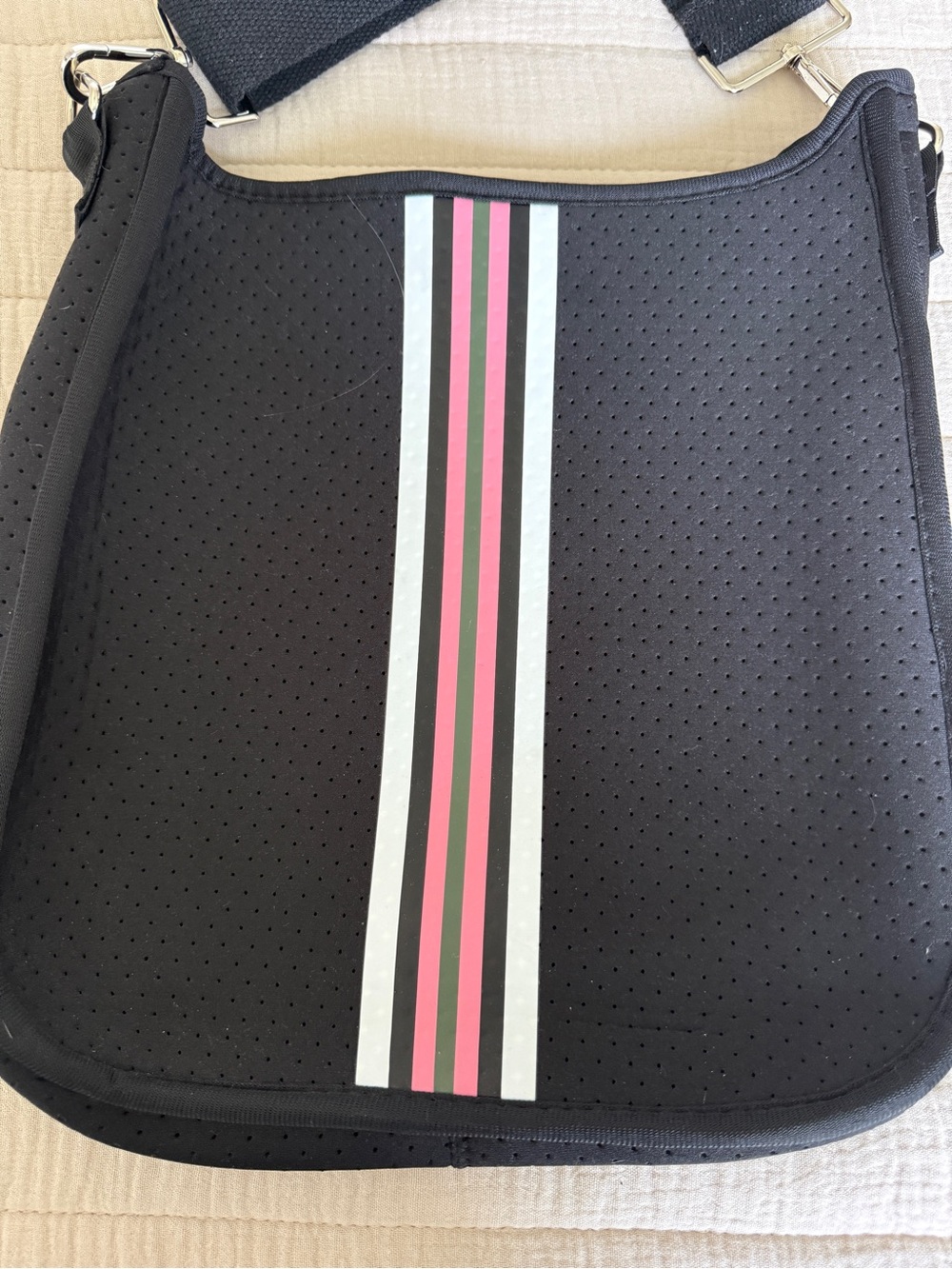 Black Messenger Bag with Pink & White Center Stripes - Picture 2 of 5